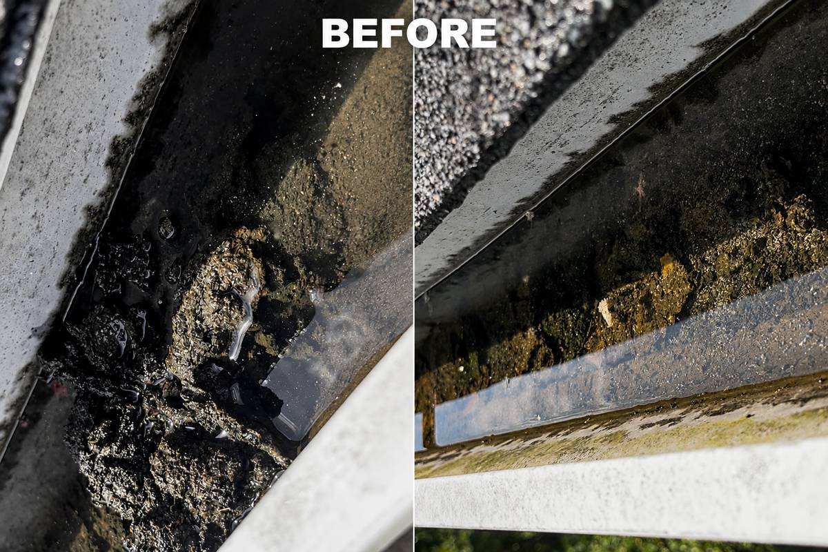 Before gutter cleaning - clogged with water and sludge